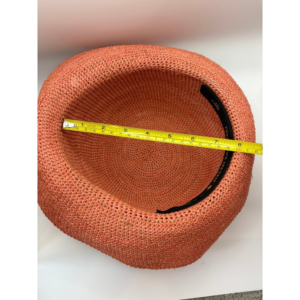 Helen Kaminski Raffia Crochet Sun Hat Coral Pink Wide Brim Made USA Adjustable - Picture 7 of 11